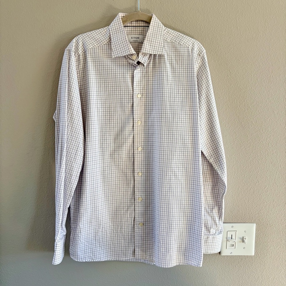 Men’s Large 41 ETON White Plaid Dress Shirt